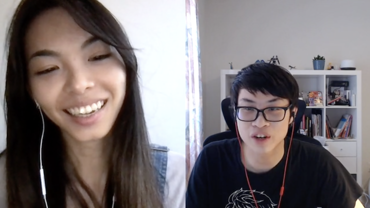 Female and Male; earphones in ear; split screen; interior